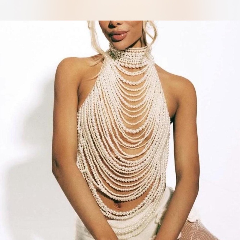 Retrofete Cream Beaded Crop Top